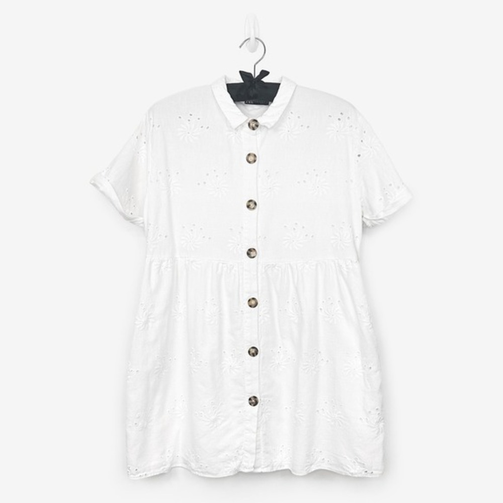Zara Eyelet Mini Dress Size XL White Babydoll Boho Cottagecore Romantic Coastal - Picture 1 of 5